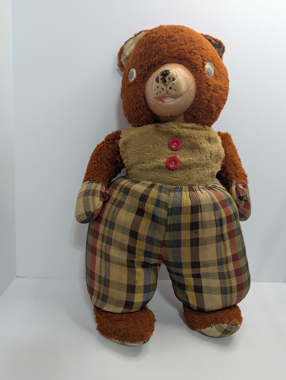 Vintage 19” Rubber Face Brown Teddy Bear Carnival Plush Plaid Body